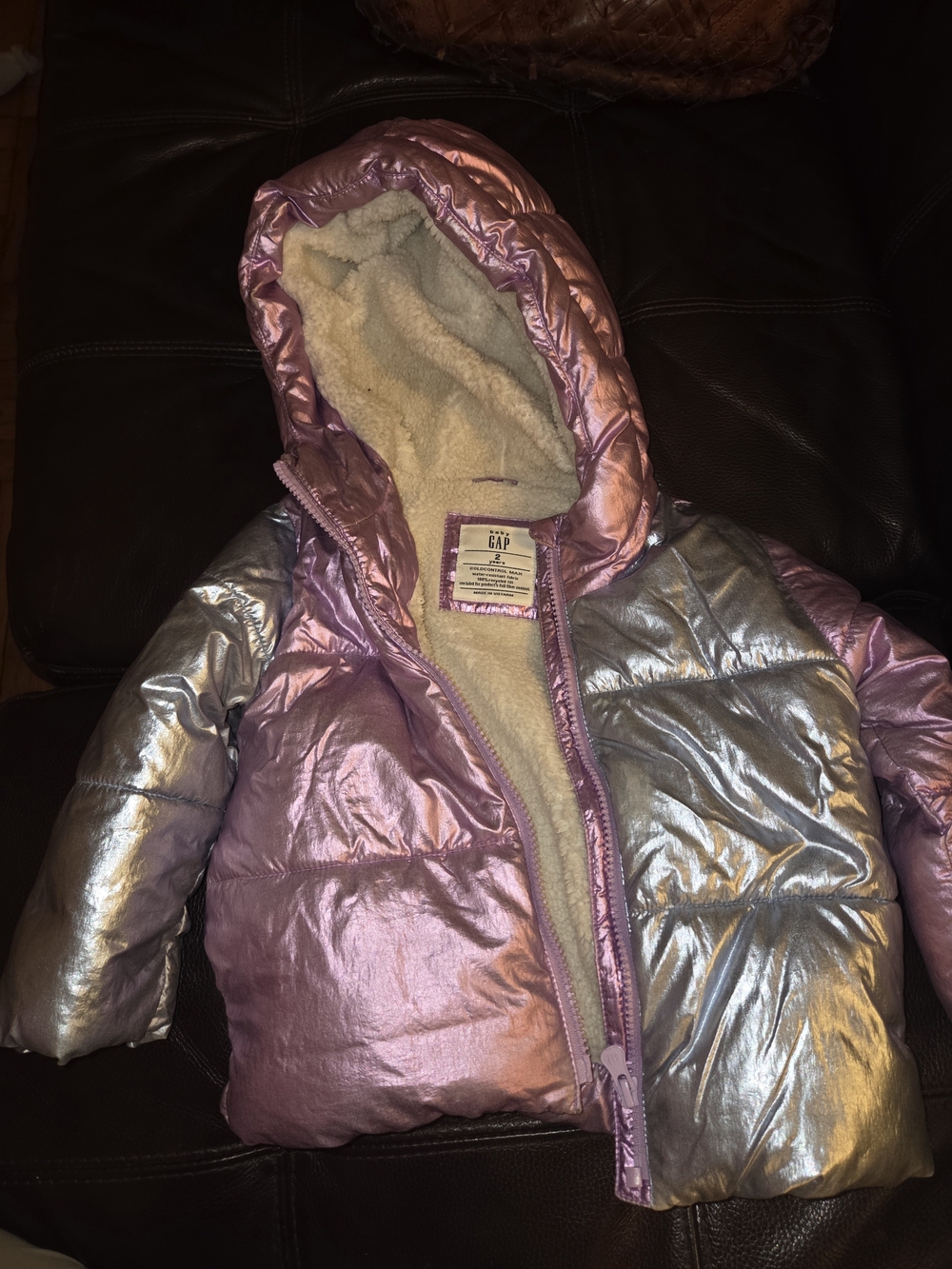 GAP Metallic Pink and Silver Hooded Puffer Coat
